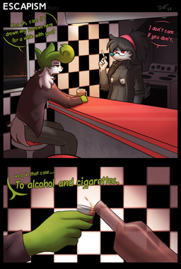 accessory alcohol anthro anthrofied bar beverage bottomwear breasts casual_nudity cigarette clothing denim denim_bottomwear denim_clothing denim_jacket denim_topwear dialogue diner duo eyewear female glasses headband jacket jeans leather leather_clothing leather_jacket leather_topwear male night pants pokemorph restaurant smoking text toasting topwear whiskey dunewulff nintendo pokemon freya_(dunewulff) glenn_(dunewulff) furfrou generation_4_pokemon generation_6_pokemon legendary_pokemon natural_furfrou pokemon_(species) shaymin shiny_pokemon sky_forme_shaymin comic english_text hi_res