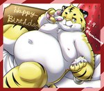 anthro belly big_belly humanoid_hands kemono male moobs navel nipples one_eye_closed overweight overweight_male solo text white_body wink yellow_body tolsche felid mammal pantherine tiger 2023