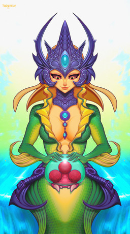 arm_fin armor crown faulds female fin gorget green_body green_skin head_fin headgear headpat hip_fins jewelry necklace on_lap orange_eyes petting solo split_form water yellow_body yellow_skin danderfull league_of_legends metroid nintendo riot_games tencent nami_(lol) alien aquatic humanoid merfolk metroid_(species) scalie absurd_res crossover hi_res
