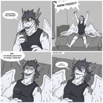 anthro bed bottomwear clothing feathered_wings feathers furniture hair male pillow shirt shorts solo speech_bubble tail tank_top text topwear wings nameless00 mythology clei dragon feathered_dragon feathered_scalie mythological_creature mythological_scalie scalie windragon 1:1 absurd_res comic english_text greyscale hi_res monochrome