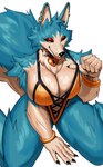 anthro big_breasts blue_body blue_fur breasts claws cleavage clothed clothing ear_piercing ear_ring female fingers fur neck_tuft piercing ring_piercing simple_background solo tail tan_body tan_fur tuft sotcho kloey_(pajamamcham) canid canine canis mammal wolf 2025 absurd_res digital_media_(artwork) hi_res