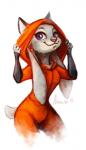 2016 aleoo-whiter anthro cheek_tuft clothed clothing disney ears_down facial_tuft fake_ears fake_fox_ears female fox_costume fur grey_body grey_fur hi_res hoodie judy_hopps lagomorph leporid looking_at_viewer mammal onesie pink_nose pivoted_ears portrait purple_eyes rabbit scut_tail short_tail signature simple_background smile solo standing tail three-quarter_portrait topwear tuft white_background zootopia