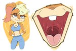 anthro blonde_hair blue_eyes breasts buckteeth female fur gaping_mouth hair half-closed_eyes midriff mouth_shot narrowed_eyes open_mouth solo tan_body tan_fur teeth tongue tongue_out uvula lecigzz looney_tunes warner_brothers lola_bunny lagomorph leporid mammal rabbit 2023