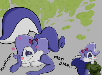 anthro barely_visible_breasts breasts butt cross-eyed dialogue fart fart_fetish female female_farting heart_symbol looking_pleasured lying markings mole_(marking) nude nude_female on_front smile solo tail text gassipon tiny_toon_adventures warner_brothers fifi_la_fume mammal mephitid skunk french_text hi_res