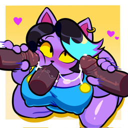 4_fingers anthro big_breasts big_penis black_hair blue_clothing blue_highlights blue_overalls bodily_fluids breasts brown_body brown_glans brown_penis brown_skin clothed clothed_anthro clothed_female clothing cum cum_on_tongue cum_string dark_body dark_skin ear_piercing ear_ring eyebrows eyelashes fellatio female female_anthro fingers genital_fluids genitals glans glistening_thighs gold_(metal) gold_ear_ring group hair handjob heart_symbol highlights_(coloring) humanoid_genitalia humanoid_penis kneeling kneeling_oral_position looking_up male male/female motion_lines nipple_outline oral overalls overweight overweight_anthro overweight_female penile penis penis_against_cheek piercing purple_body purple_ears ring_piercing saliva saliva_on_penis sex thick_thighs tongue yellow_sclera squeezysquisher undertale_(series) catty_cattenheimer domestic_cat felid feline felis mammal 1:1 2025 digital_media_(artwork) hi_res
