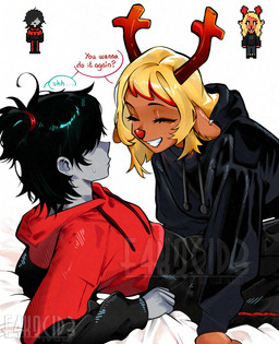 ambiguous_gender anthro antlers black_hair blonde_hair brown_body brown_fur call_of_the_frostmancer clothed clothing female female/ambiguous fur hair horn imminent_sex red_antlers text the_player_(call_of_the_frostmancer) f4kqcid3 deltarune undertale_(series) noelle_holiday vessel_(deltarune) deer humanoid mammal new_world_deer vessel_(species) absurd_res english_text hi_res