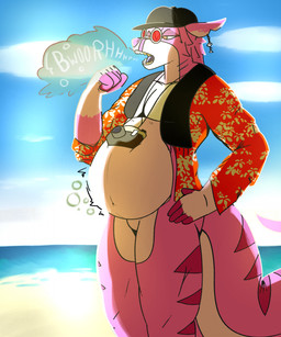 anthro beach belly burping clothing ear_piercing eyewear fur glasses gloves_(marking) hat headgear headwear male markings orange_eyes piercing pink_body pink_fur round_glasses sea shark_tail solo vore water white_body white_fur relaxed_(artist) aquatic canid canine canis fish hybrid mammal shark wolf hi_res