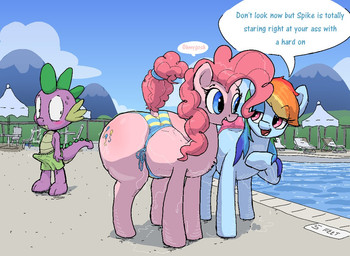 anthro big_butt bikini bikini_bottom blue_body blue_eyes blush bodily_fluids bulge butt clothed clothing color_coded color_coded_text dialogue erection erection_under_clothing female feral group hair imperial_unit looking_at_butt male motion_lines motion_outline name_drop name_in_dialogue number omg pink_body pink_hair poolside quadruped side-tie_bikini side-tie_clothing speech_bubble standing string_bikini string_bow sweat swimming_trunks swimwear text tied_bikini tied_clothing tied_string trio two-piece_swimsuit unit wide_hips wings parumpi friendship_is_magic hasbro my_little_pony mythology pinkie_pie_(mlp) rainbow_dash_(mlp) spike_(mlp) dragon equid equine horse mammal mythological_creature mythological_equine mythological_scalie pegasus pony scalie 2022 english_text