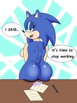 anthro big_butt blue_body blue_fur butt crossgender desk female flirting flirting_with_viewer fur furniture green_eyes mtf_crossgender solo table bloodred739 sega sonic_the_hedgehog_(series) sonic_the_hedgehog eulipotyphlan hedgehog mammal 3:4 absurd_res hi_res