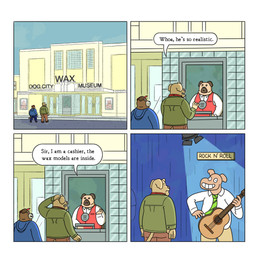 acoustic_guitar anthro biped bottomwear brown_body clothing dialogue duo guitar hat headgear headwear hoodie inside musical_instrument outside overweight pants plucked_string_instrument shirt string_instrument text topwear lukehealy canid canine canis domestic_dog mammal 1:1 2023 absurd_res comic english_text hi_res