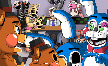 anthro beakless group machine puppet five_nights_at_freddy's five_nights_at_freddy's_2 scottgames balloon_boy_(fnaf) jeremy_fitzgerald mangle_(fnaf) marionette_(fnaf) toy_bonnie_(fnaf) toy_chica_(fnaf) toy_freddy_(fnaf) animatronic avian bear bird canid canine chicken fox galliform human lagomorph leporid mammal phasianid rabbit robot digital_media_(artwork) hi_res