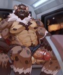 abs anthro areola balls barazoku beard biceps big_penis black_claws blue_bottomwear blue_clothing blue_shorts bottomwear brown_areola brown_body brown_fur brown_hair brown_nipples bus claws clothing commercial_vehicle ear_piercing ear_ring erection exhibitionism facial_hair finger_claws fur genitals gloves_(marking) green_eyes grin hair hand_on_leg hand_on_thigh leg_markings looking_at_viewer male markings multicolored_hair muscular muscular_thighs navel neck_tuft nipples obliques on_bus pecs penis piercing pubes ring_piercing seat shorts shorts_lift smile socks_(marking) solo spots spotted_body spotted_fur tuft two_tone_hair vehicle vein veiny_penis white_hair kinkyjar2 hyena mammal spotted_hyena 2024 hi_res