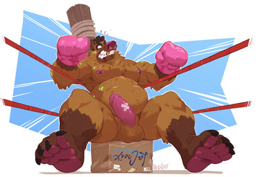 4_toes anthro balls bandage_on_penis blue_body blue_fur box boxing boxing_gloves boxing_gloves_only cardboard cardboard_box claws clothing container feet fighting_ring fur genitals gloves_(marking) gold_(metal) gold_tooth handwear handwear_only humanoid_genitalia humanoid_penis leg_markings male markings mostly_nude muscular muscular_anthro muscular_male nipple_piercing nipples nude pawpads penis piercing red_rope rope sitting sitting_on_box socks_(marking) solo sport toe_claws toes redic-nomad hy_eight hyena mammal spotted_hyena 2025 hi_res