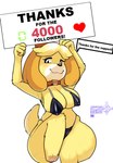 anthro big_breasts bikini black_bikini black_clothing black_swimwear blush breasts clothed clothing collar curvy_figure cyclical_arrow dialogue directional_arrow female heart_symbol holding_object holding_sign looking_at_viewer milestone nipple_outline number one_leg_up polygonal_speech_bubble raised_leg sign simple_background smile solo speech_bubble swimwear text thick_thighs two-piece_swimsuit voluptuous white_background wide_hips crossman animal_crossing nintendo isabelle_(animal_crossing) canid canine canis domestic_dog mammal english_text hi_res milestone_celebration