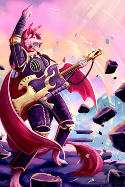 4_toes 5_fingers anthro armor claws electric_guitar feet female fingers floating_rocks fur gesture green_eyes green_tongue guitar hand_gesture middle_finger multicolored_sky musical_instrument pink_body plucked_string_instrument rocking_out sky solo standing string_instrument toes tongue wings tsunekitsune mythology warhammer_(franchise) noise_marine dragon furred_dragon furred_scalie mythological_creature mythological_scalie scalie