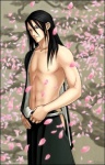 black_hair cherry_blossom clothing flower hair human_only long_hair looking_at_viewer male not_furry petals plant prunus_(flower) solo undressing unknown_artist bleach_(series) byakuya_kuchiki human mammal grandfathered_content