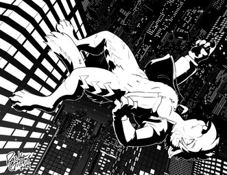 anthro bottomless casual_exposure city cityscape clothed clothing digitigrade falling fluffy fluffy_tail half-closed_eyes jacket jacket_only male mostly_nude narrowed_eyes paws solo star tail topwear topwear_only rick_griffin ambiguous_species 2024 monochrome