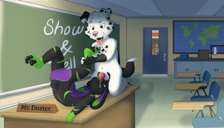 4_fingers 4_toes animal_genitalia animal_penis anthro anthro_on_anthro anthro_penetrated anthro_penetrating anthro_penetrating_anthro balls being_watched black_ears black_pawpads black_spots bodily_fluids butt canine_genitalia canine_penis classroom desk detailed_background dipstick_tail duo_focus feet fellatio fingers fur furniture genitals green_body green_eyes green_fur green_tongue group inside kneeling knot leg_grab looking_at_another lying male male_anthro male_penetrating map markings mismatched_ears multicolored_body multicolored_fur multicolored_tail navel nude on_back on_desk open_mouth oral oral_penetration pawpads penetration penile penile_penetration penis pink_tongue pupils purple_body purple_fur saliva saliva_on_tongue school sex spots spotted_body spotted_ears spotted_fur table tail tail_markings teeth toes tongue tongue_out two_tone_body two_tone_fur two_tone_tail white_balls white_body white_ears white_fur white_tail world_map young young_anthro baltnwolf riley_(rileypup) canid canine canis dalmatian domestic_dog lagomorph leporid mammal rabbit absurd_res hi_res