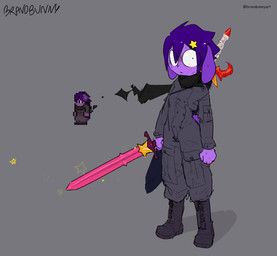 anthro black_scarf boots clothing expressionless footwear fur grey_background grey_clothing grey_suit hair holding_melee_weapon holding_object holding_sword holding_weapon male melee_weapon purple_body purple_fur purple_hair scarf shoes simple_background solo star starfury suit sword text weapon bravobunny terraria bravo_(bravobunny) lagomorph leporid mammal rabbit english_text full-length_portrait hi_res portrait
