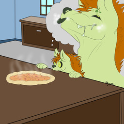 ambiguous_gender anthro bodily_fluids dream drooling food kitchen pizza saliva solo tongue tongue_out xenic kyain canid canine canis domestic_dog mammal 1:1 absurd_res hi_res