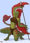 anthro arm_feathers clothed clothing feathered_arms feathers female green_body melee_weapon paws polearm scales spear striped_body stripes weapon winged_arms wings maaia uthalla dinosaur dromaeosaurid prehistoric_species reptile scalie theropod digital_media_(artwork) hi_res