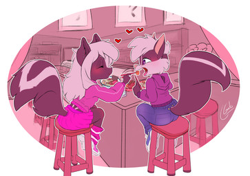 anthro biped black_body black_fur blue_bottomwear blue_clothing blue_footwear blue_pants blue_shoes blue_sneakers blush blush_lines bottomwear butt chopsticks clothed clothing denim denim_bottomwear denim_clothing duo ear_piercing eyebrows eyes_closed feeding female fluffy fluffy_tail food footwear fur furgonomic_bottomwear furgonomics hair heart_symbol holding_food holding_object hoodie inside jeans leg_warmers legwear long_hair male male/female open_mouth pants piercing pink_bottomwear pink_clothing pink_hoodie pink_leg_warmers pink_nose pink_shirt pink_skirt pink_topwear restaurant shirt shoes short_hair sitting sitting_on_stool skirt sneakers sushi tail teeth tongue topwear white_hair galo scotty_kat domestic_cat felid feline felis hybrid mammal mephitid skunk 2025 absurd_res alternate_version_at_source hi_res