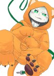2021 3_toes angry anthro canid canine canis collar domestic_dog eyebrows fangs feet fox_costume fur green_eyes hi_res leash looking_at_viewer male mammal open_mouth orange_costume pawpads simple_background solo tail teeth tobyou_222 toes unimpressed white_background white_body white_fur