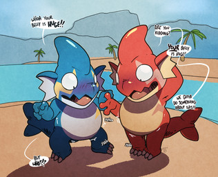 beach belly blue_body blush comparing_belly dialogue duo embarrassed exclamation_point fin open_mouth palm_tree plant red_body slightly_chubby text tree water argon_vile palworld pocketpair gobfin gobfin_ignis pal_(species) english_text hi_res