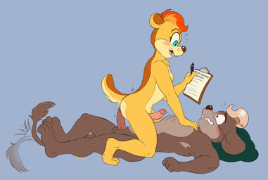 age_difference anthro biped black_eyes black_nose blonde_hair blue_eyes blush blush_lines bodily_fluids clenched_teeth clipboard constricted_pupils cowgirl_position duo erection eyebrows from_front_position fur genitals glans grey_body grey_fur hair holding_clipboard holding_object hot_dogging humanoid_genitalia humanoid_penis interspecies lying male male/male multicolored_body multicolored_fur nude older_male on_back on_bottom on_top open_mouth penis plantigrade pupils red_hair sex short_hair simple_background small_pupils sweat tail tail_motion tail_tuft tailwag tan_body tan_fur teeth text tongue tuft yellow_body yellow_fur younger_male brainsister chipmunk gerbil ground_squirrel mammal murid rodent sciurid 2026 english_text hi_res