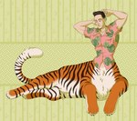 brown_hair claws fur hair male muscular muscular_male paws small_waist smile solo stretching striped_body striped_fur stripes tail waist frankly-art jefftaur felid felid_taur feline humanoid_taur mammal mammal_taur pantherine pantherine_taur taur tiger tiger_taur