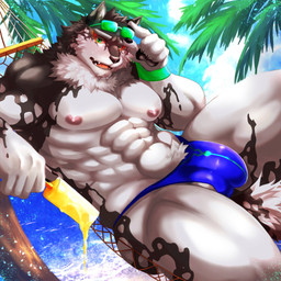 5_fingers anthro biped black_pawpads claws clothed clothing eyewear eyewear_on_head fingers food green_eyes humanoid_hands male muscular muscular_anthro muscular_male muscular_thighs nipples pawpads pink_nipples popsicle solo speedo speedo_only sunglasses sunglasses_on_head swimwear topless ryuji30hikaru lifewonders live_a_hero monomasa canid canine canis domestic_dog husky mammal nordic_sled_dog spitz 1:1 absurd_res hi_res
