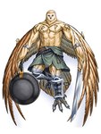 4_fingers abs anthro armor barazoku beak black_beak black_eyes bracelet clothed clothing cookware feather_hands feather_tuft feathered_wings feathers feet fingers frying_pan jewelry kilt kitchen_utensils knife leg_armor male melee_weapon muscular muscular_anthro muscular_male pecs runes shin_guards solo sword tail tail_feathers talons tattoo toes tools tuft weapon wings wok unknown_artist sheru_owl avian barn_owl bird humanoid owl tyto tytonid 3:4 absurd_res hi_res