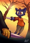 anthro biped bottomwear clothed clothing duel female holding_object holding_weapon knife pants plant shirt solo topwear tree weapon drum_skunk night_in_the_woods mae_borowski domestic_cat felid feline felis mammal hi_res