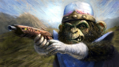 black_hair blue_clothing blue_shirt blue_topwear blue_tunic brain brain_dome clothed clothing gloves green_body green_skin gun hair handwear holding_gun holding_object holding_ranged_weapon holding_weapon male organs outside ranged_weapon science_fiction sharp_teeth shirt solo teeth topwear tunic villian weapon wearing_gloves guang2222 cartoon_network powerpuff_girls mojo_jojo ape chimpanzee haplorhine mammal pan_(genus) primate 16:9 hi_res widescreen