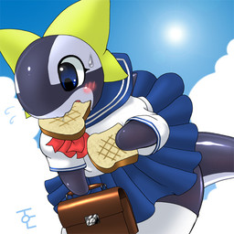 anthro asian_clothing blue_eyes blush bodily_fluids bread clothing east_asian_clothing eat_and_run female food japanese_clothing japanese_school_uniform kemono overweight overweight_anthro overweight_female ribbons school_uniform serafuku solo sweat tail toast uniform conditional_dnp oze aquatic cetacean dolphin mammal oceanic_dolphin orca toothed_whale 1:1