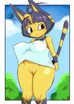 :< ahoge anthro black_hair blush bottomless breasts clothed clothing embarrassed female front_view fur genitals hair looking_aside markings nipple_outline no_underwear outside pussy shirt short_hair solo standing striped_markings striped_tail stripes tail tail_markings thick_thighs topwear yellow_body yellow_fur san_ruishin animal_crossing nintendo ankha_(animal_crossing) domestic_cat felid feline felis mammal 2021 hi_res portrait three-quarter_portrait