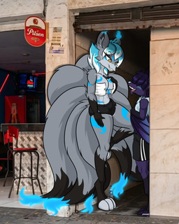 alley anthro blush breasts clothing duo fangs female fire fur hair hair_over_eyes male membrane_(anatomy) membranous_wings multi_tail multicolored_body multicolored_fur photo_background size_difference tail teeth wings novaspark a_chance_encounter asian_mythology east_asian_mythology mythology kaine_(novaspark) karin_shizuka agenta bat canid canine fox fox_spirit mammal 4:5 digital_media_(artwork) hi_res meme mixed_media photography_(artwork)
