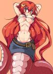 2016 accessory animal_humanoid apode average-hanzo belt big_breasts blush bottomwear breasts buckle clothed clothing draconcopode eyebrows eyelashes female hair hair_accessory hairclip hands_behind_head humanoid humanoid_pointy_ears lamia legless long_hair looking_at_viewer miia_(monster_musume) monster_girl_(genre) monster_musume navel red_hair reptile reptile_humanoid scales scalie scalie_humanoid serpentine simple_background skirt smile snake snake_humanoid solo split_form under_boob yellow_eyes