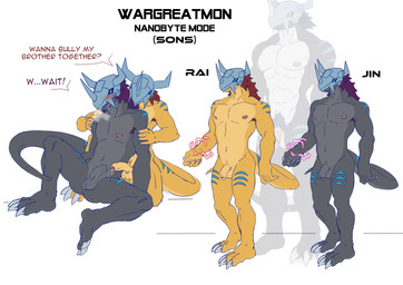 abs age_difference anthro anthro_on_anthro areola armor armpit_hair athletic athletic_anthro athletic_male balls blush bodily_fluids body_hair breath claws comparing dialogue dripping duo_focus electricity erection flaccid foreskin genital_fluids genitals glans group hair headgear helmet horn humanoid_genitalia humanoid_penis inviting male male/male navel nipples non-mammal_balls non-mammal_nipples nude pecs penis precum precum_drip scales simple_background sitting size_difference standing text trio unretracted_foreskin white_background samaraka bandai_namco digimon mythology fan_character jin_(samaraka) rai_(samaraka) wargreatmon blackwargreymon digimon_(species) dragon mythological_creature mythological_scalie scalie wargreymon 2025 character_name english_text hi_res model_sheet brother_(lore) brothers_(lore) father_(lore) father_and_child_(lore) father_and_son_(lore) incest_(lore) parent_(lore) parent_and_child_(lore) parent_and_son_(lore) sibling_(lore) son_(lore)