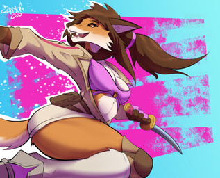 anthro bottomwear breasts cleavage clothed clothing knife legwear thigh_highs weapon combat_cat_studio wild_assault akai_hime_(wild_assault) canid canine fox mammal vulpin hi_res