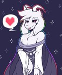 anthro bedroom_eyes black_sclera clothed clothing fingers fur hair heart_symbol horn long_ears looking_at_viewer male multicolored_outline narrowed_eyes off_shoulder outline rainbow_outline red_eyes seductive simple_background solo tongue tongue_out white_body white_fur crackers undertale undertale_(series) asriel_dreemurr_(god_form) boss_monster_(undertale) bovid caprine mammal 2019 5:6