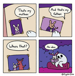 4-panel ambiguous_gender anthro antlers brown_body brown_fur dialogue female fur horn humor interspecies male photo red_eyes sitting speech_bubble text white_body white_fur club_cryptid deer ghost hybrid jackalope lagomorph leporid mammal rabbit spirit artist_name comic english_text