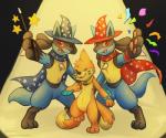 ambiguous_gender anthro barefoot blue_body blue_eyes blue_fur brown_body brown_fur cape clothing confetti feet fur group hat headgear headwear magic red_eyes star trio wand haychel nintendo pokemon liam_the_lucario tommy_the_buizel buizel generation_4_pokemon lucario pokemon_(species) sibling_(lore) twins_(lore)