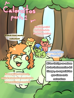 ambiguous_feral ambiguous_gender blue_hair blue_tail carrying_another crotch_breasts dialogue eyelashes eyes_closed female female_feral feral grass green_body green_hair group hair hooves looking_at_another neonate open_mouth orange_eyes orange_hair orange_tail outside plant red_body shrub sky smile tail teeth text tired tree walking yellow_body young young_ambiguous young_feral giggle_fluffy's fluffy_pony fluffy_pony_(species) mammal 3:4 comic cover cover_art cover_page hi_res shaded spanish_description spanish_text translated
