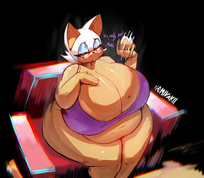 anthro belly big_breasts big_butt blue_eyes blue_eyeshadow bottomless bottomless_female breasts butt cleavage clothed clothing eyeshadow female furniture hair huge_breasts hyper hyper_breasts makeup overweight overweight_female sofa solo text thick_thighs weight_gain white_hair wide_hips nemiyakii sega sonic_the_hedgehog_(series) rouge_the_bat bat mammal 2025 absurd_res english_text hi_res