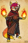 anthro blue_eyes cape clothing fire fur hair knife magic_spell magic_user male orange_body orange_fur purple_hair solo tan_body tan_fur yellow_body yellow_fur ziegelzeig erif_(firefox) fire_(firefox) canid canine fox mammal