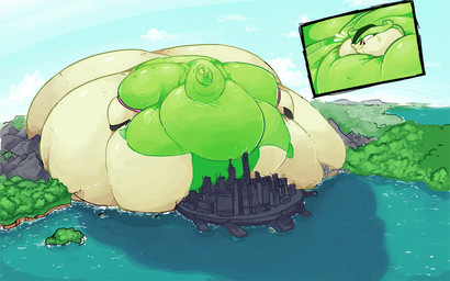 belly big_belly blue_sky city feral huge_belly hyper hyper_belly macro morbidly_obese obese outside overweight sea sky solo water boot_(artist) nintendo pokemon generation_5_pokemon legendary_pokemon pokemon_(species) virizion 2014