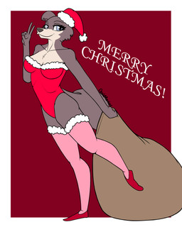 5_fingers anthro black_nose blue_eyes breasts christmas_clothing christmas_headwear cleavage clothed clothing female fingers fur fur_trim_(clothing) gesture grey_body grey_fur hand_gesture hat headgear headwear holidays humanoid_hands leggings legwear leotard sack santa_hat smile solo text v_sign deskmaniac beastars christmas juno_(beastars) canid canine canis mammal wolf 2022 4:5 english_text hi_res signature