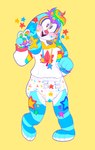 4_fingers ambiguous_gender anthro blue_body bright_colors clean_diaper clothed clothing diaper fingers hoodie pawpads simple_background solo sparklefur standing star topwear wearing_diaper wetness_indicator yellow_background kippinz lagomorph leporid mammal rabbit 2023 hi_res nonbinary_(lore)