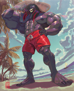 abs anthro barefoot beach biceps big_muscles black_body black_hair boat bottomwear calf_muscles claws clothing detailed_background eyewear feet forearm_muscles fur glistening glistening_body hair hat headgear headwear huge_muscles lips long_hair looking_down low-angle_view male multicolored_hair muscular muscular_anthro muscular_male nipples open_mouth open_smile outside palm_tree pecs plant raised_arm red_bottomwear red_clothing red_hair red_shorts sand sea seaside shorts sky skyscape smile solo standing sun_hat sunglasses swimming_trunks swimwear teeth thick_lips toes tongue tree triceps vehicle water watercraft worm's-eye_view stovenfang mythology canid canid_demon canine canis demon hellhound mammal mythological_canine mythological_creature wolf absurd_res digital_media_(artwork) hi_res painting_(artwork)
